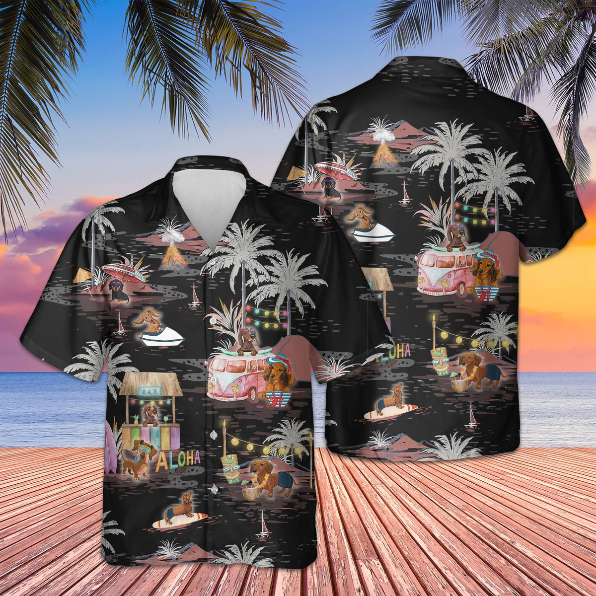 Dachshund Night On The Beach Hawaiian Shirt