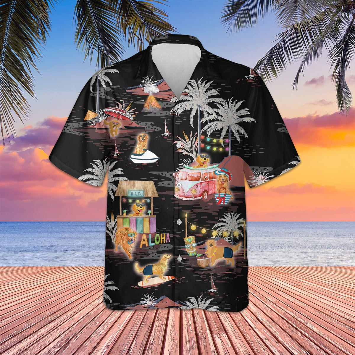 Golden Retriever Night On The Beach Hawaiian Shirt