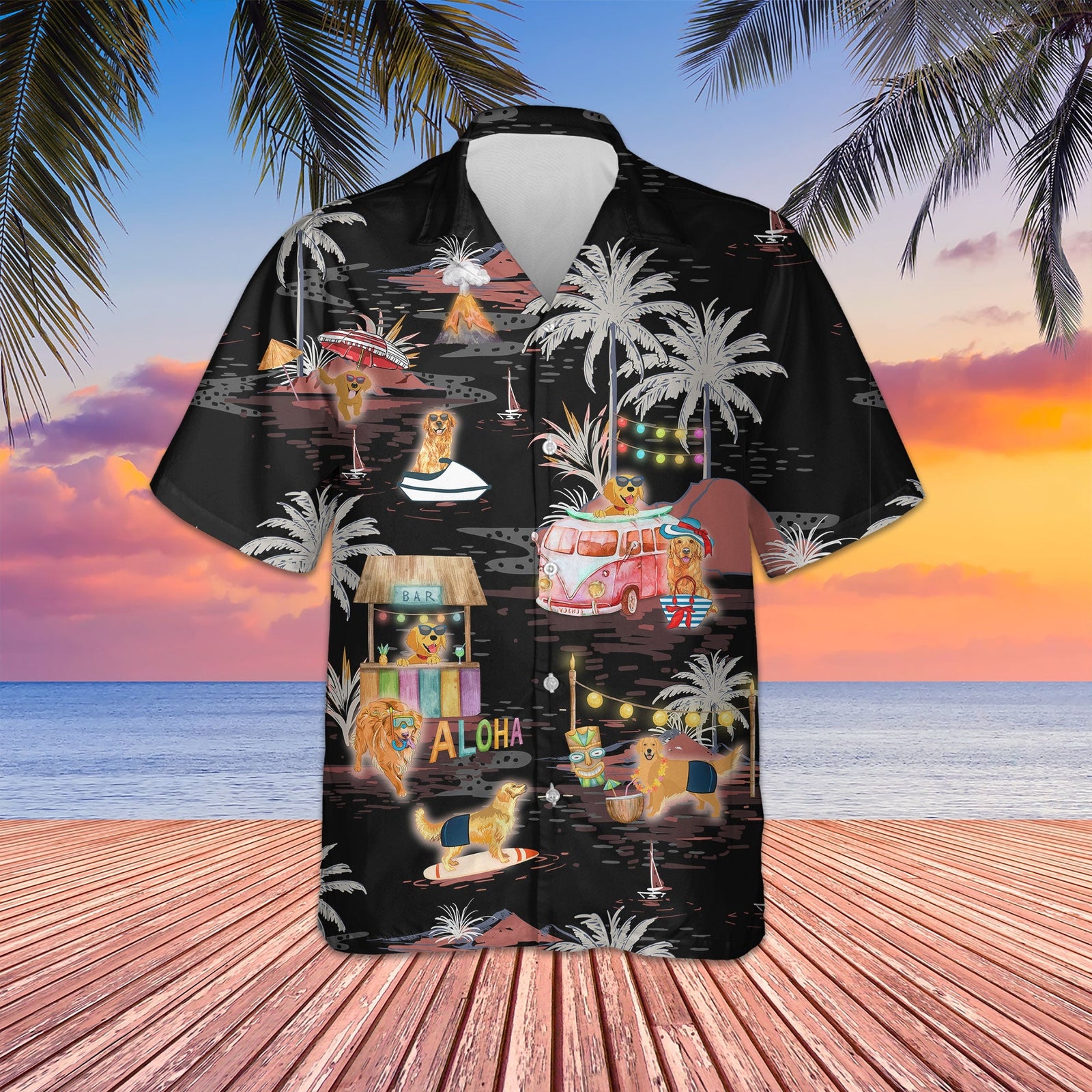 Golden Retriever Night On The Beach Hawaiian Shirt