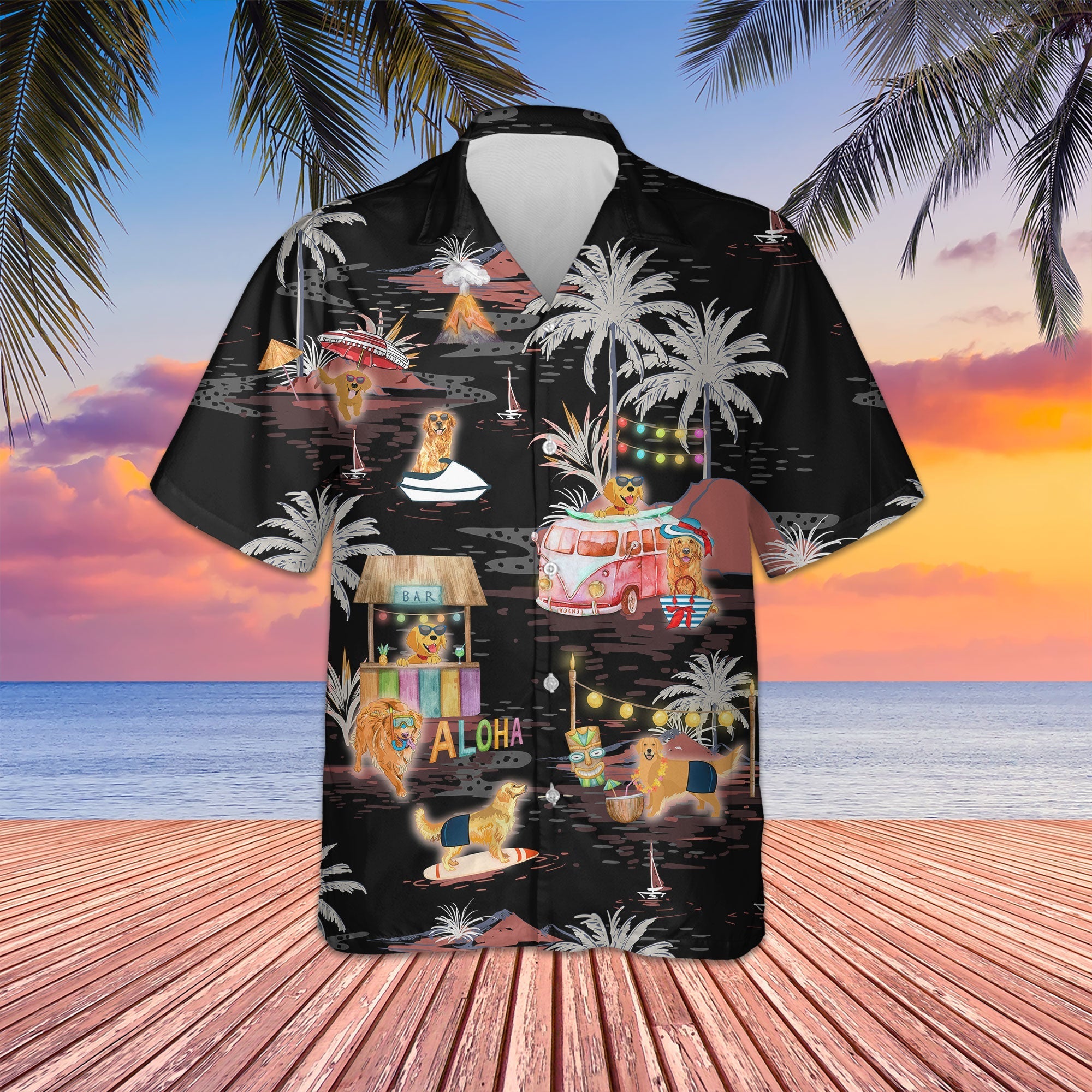 Golden Retriever Night On The Beach Hawaiian Shirt