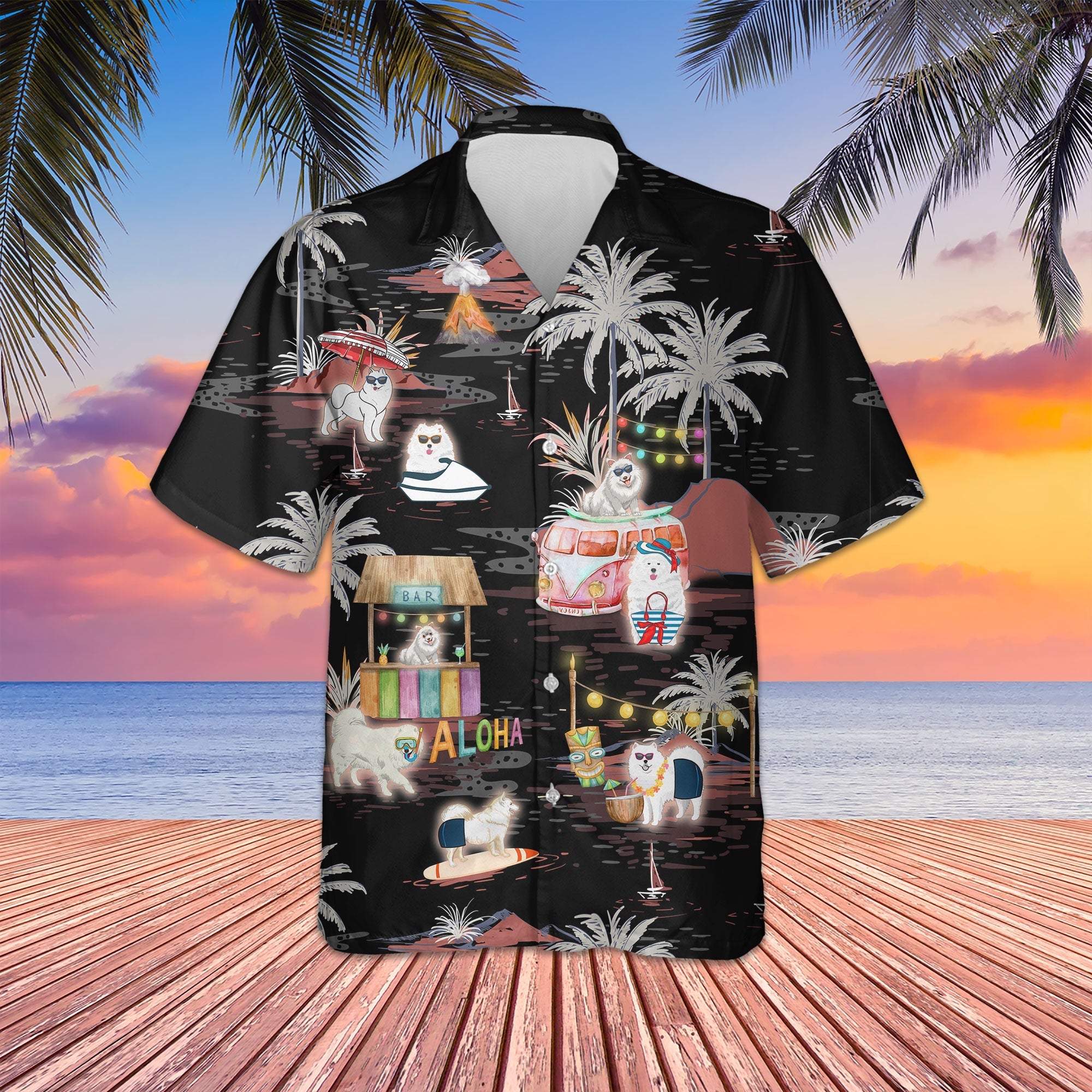 Samoyed Night Beach Hawaiian Shirt