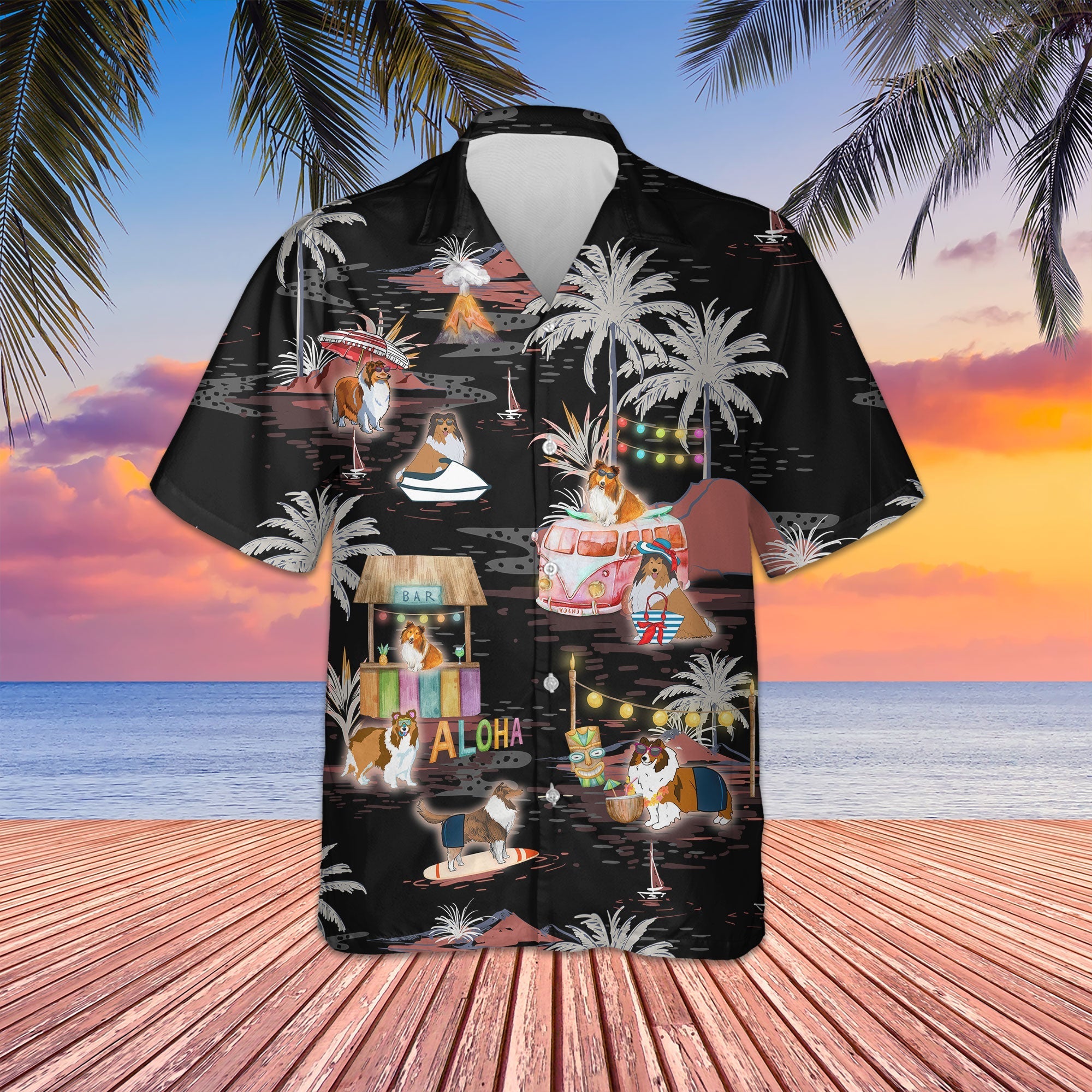 Shetland Sheepdog Night Beach Hawaiian Shirt