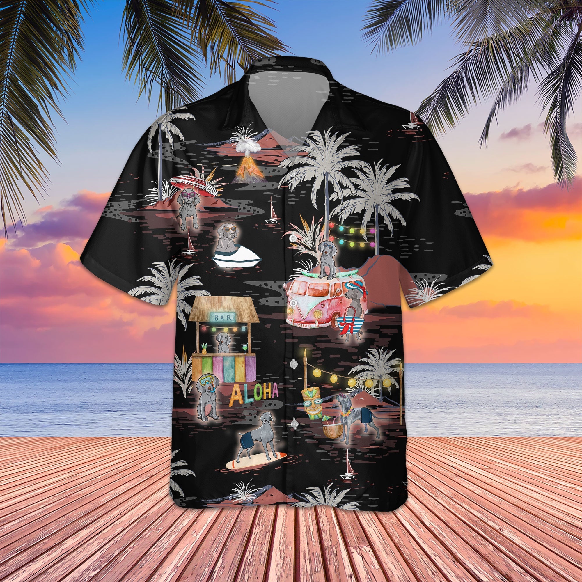 Weimaraner Night Beach Hawaiian Shirt