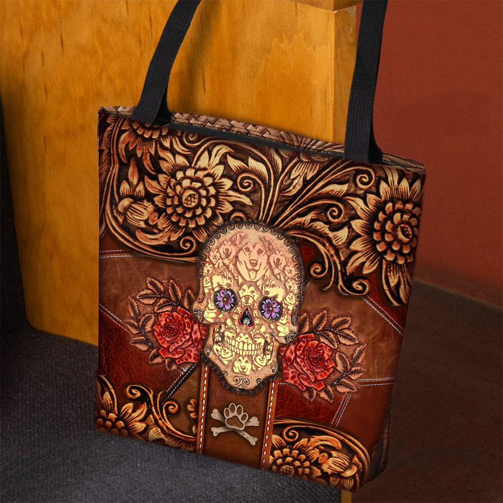 Alaskan Malamute Skull Flower Cloth Tote Bag