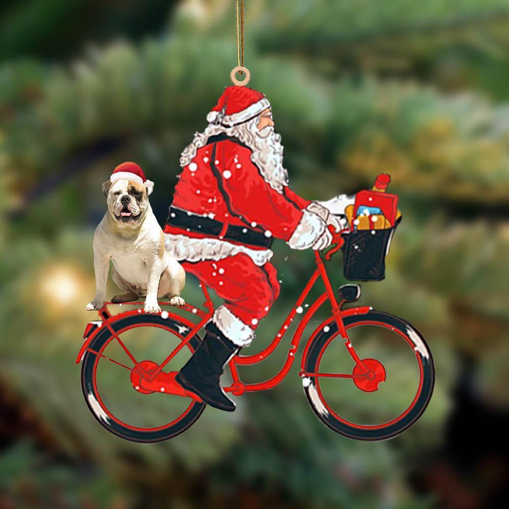 Santa Claus riding a bike with American Bulldog-Two Sided Ornament