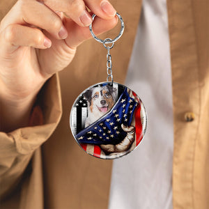 Australian Shepherd-Inside American Flag Independence Day Round Resin Epoxy Metal Keychain