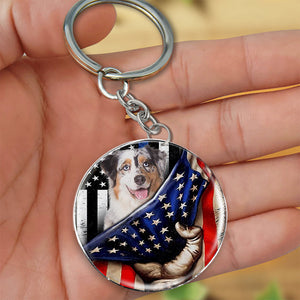 Australian Shepherd-Inside American Flag Independence Day Round Resin Epoxy Metal Keychain