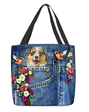 Australian Shepherd1-Cardinal & Cross Flower Cloth Tote Bag