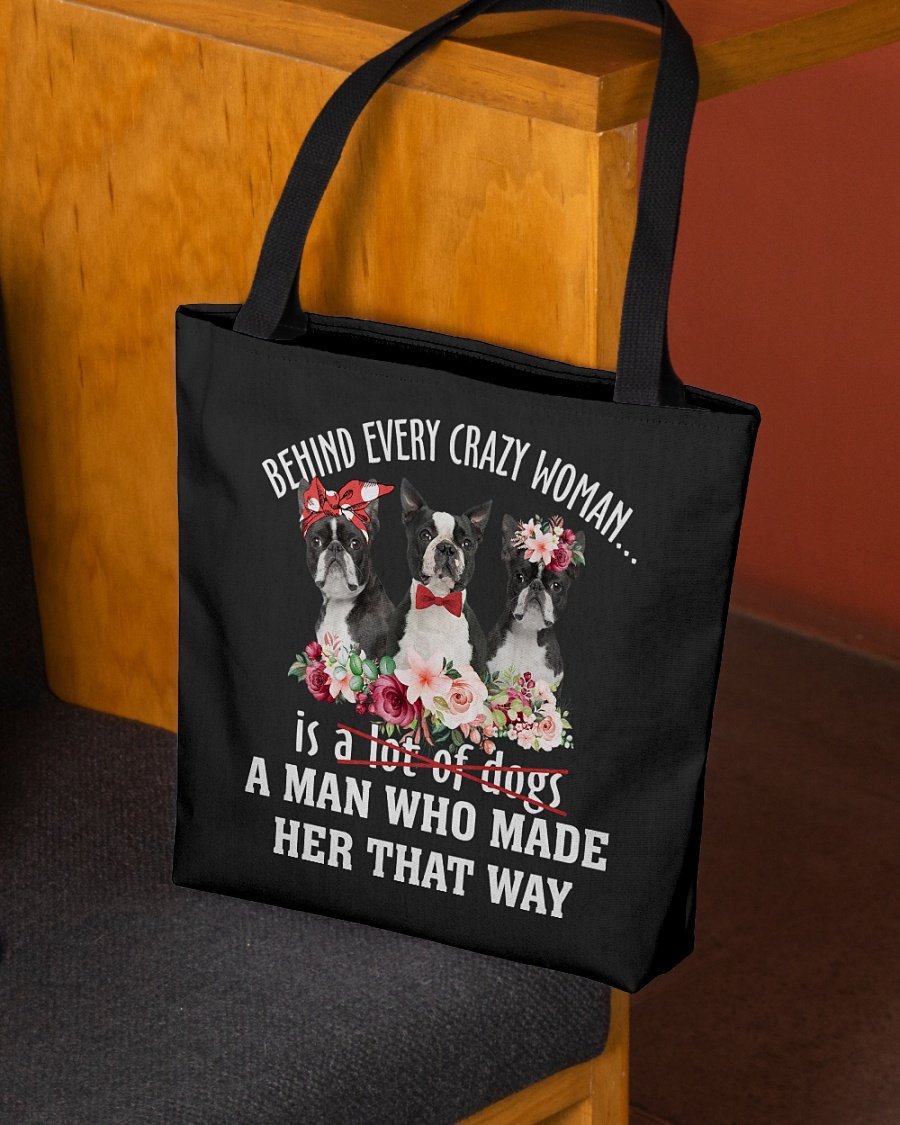 BLACK Boston Terrier-Crazy Woman Cloth Tote Bag