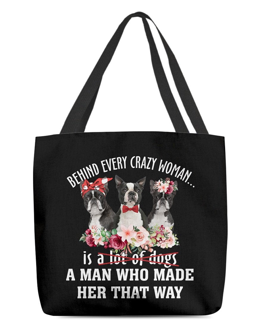 BLACK Boston Terrier-Crazy Woman Cloth Tote Bag