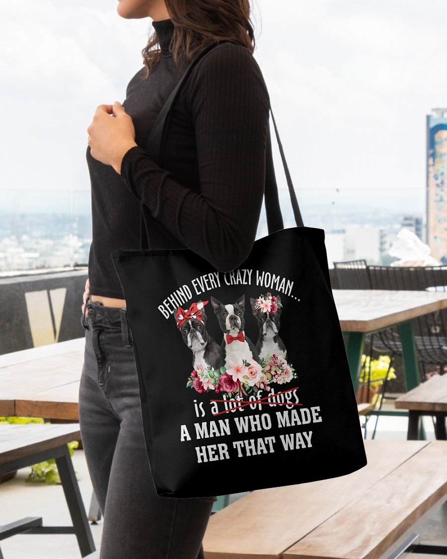 BLACK Boston Terrier-Crazy Woman Cloth Tote Bag