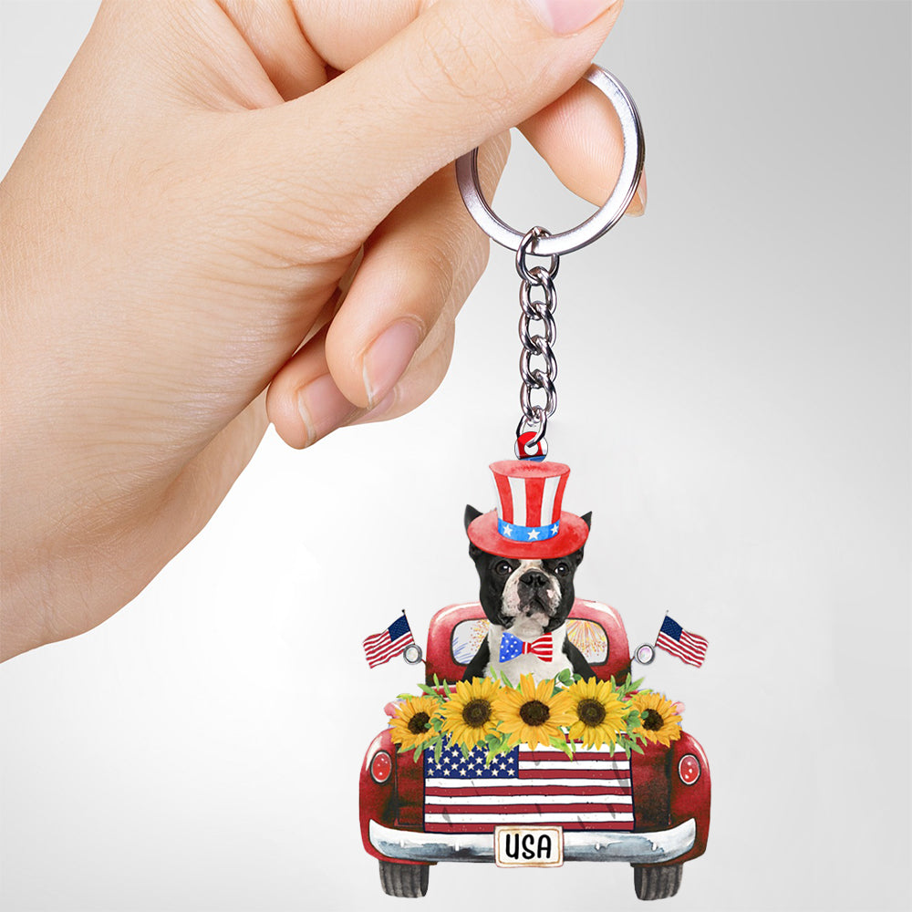 BLACK Boston Terrier-USA Truck Flat Acrylic Keychain