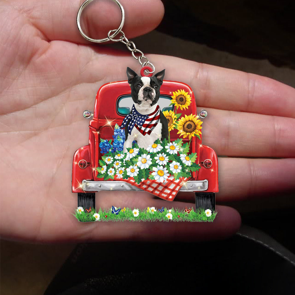 BLACK Boston Terrier-Red Truck Flat Acrylic Keychain