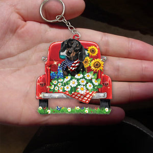 BLACK Dachshund-Red Truck Flat Acrylic Keychain