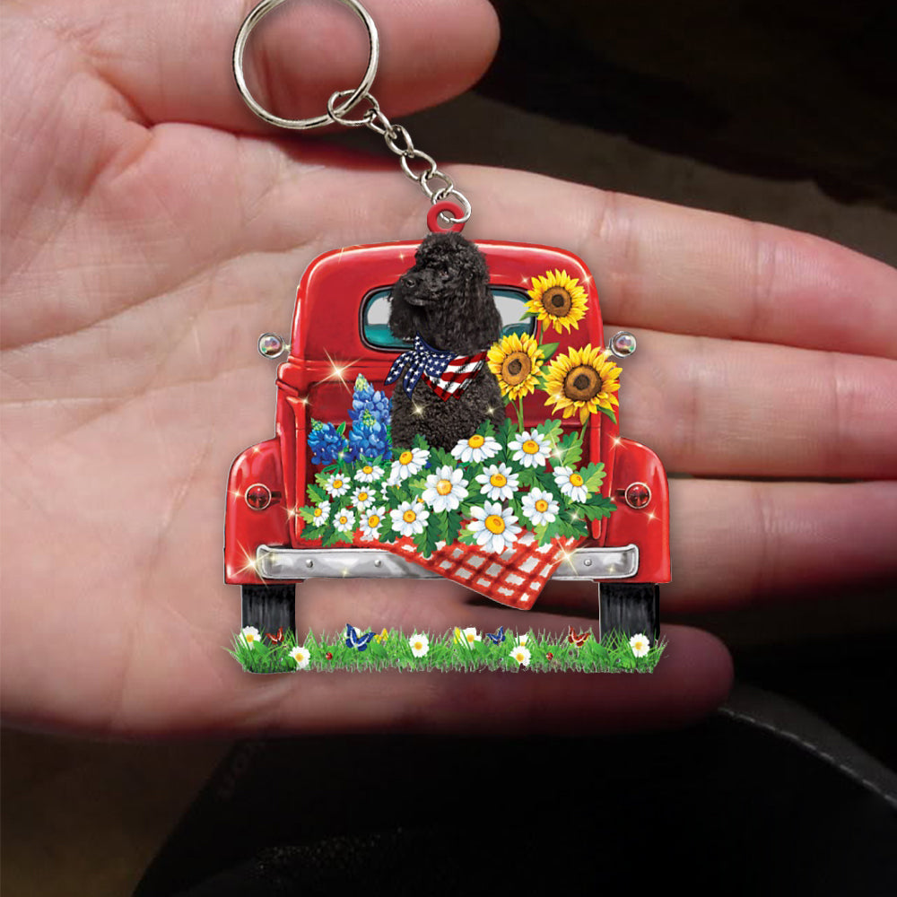 BLACK Miniature Poodle-Red Truck Flat Acrylic Keychain