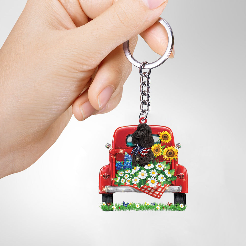 BLACK Miniature Poodle-Red Truck Flat Acrylic Keychain