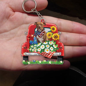 BROWN Pitbull Terrier-Red Truck Flat Acrylic Keychain