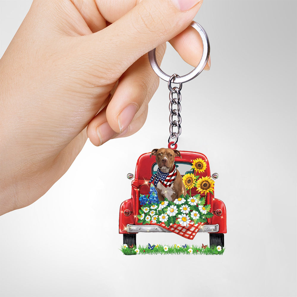 BROWN Pitbull Terrier-Red Truck Flat Acrylic Keychain