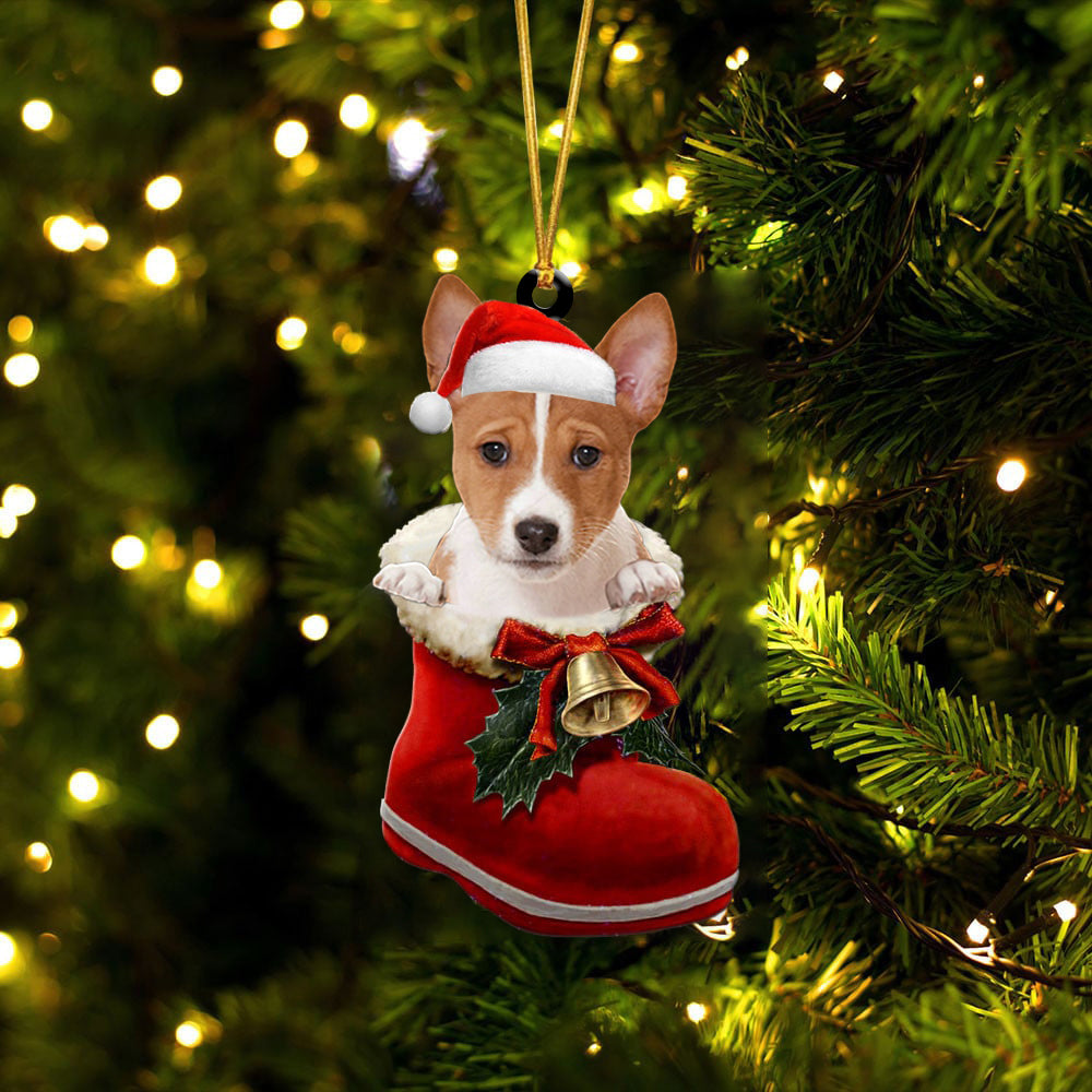 Basenji (2)-1-In Santa Boot Christmas-Two Sided Ornament