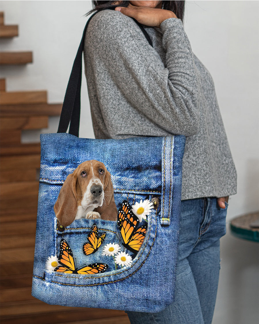 Basset-hound-Butterfly Daisies Fait-CLOTH TOTE BAG