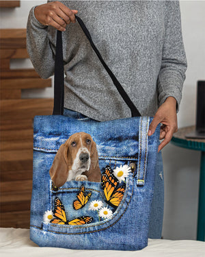 Basset-hound-Butterfly Daisies Fait-CLOTH TOTE BAG