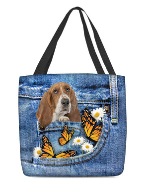 Basset-hound-Butterfly Daisies Fait-CLOTH TOTE BAG