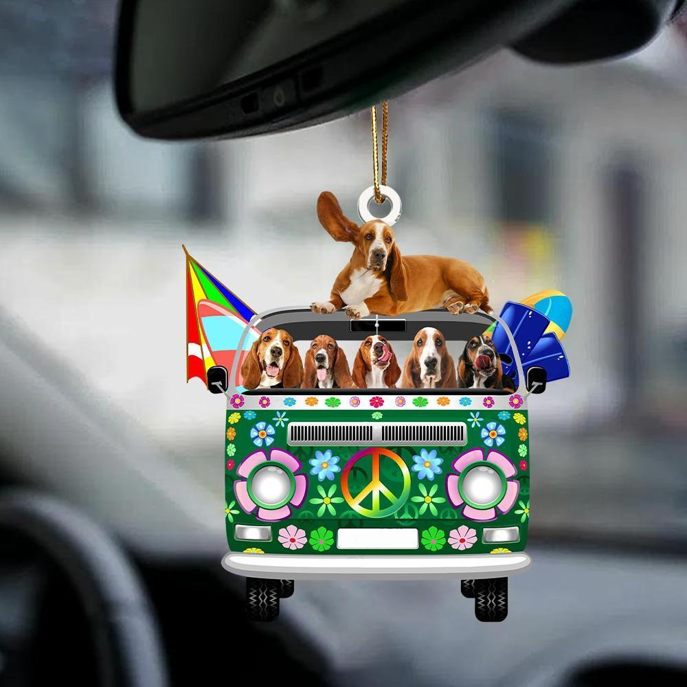 Basset Hound-Green Hippie Van-Two Sided Ornament