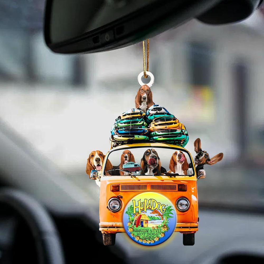 Basset Hound-Orange Hippie Van-Two Sided Ornament