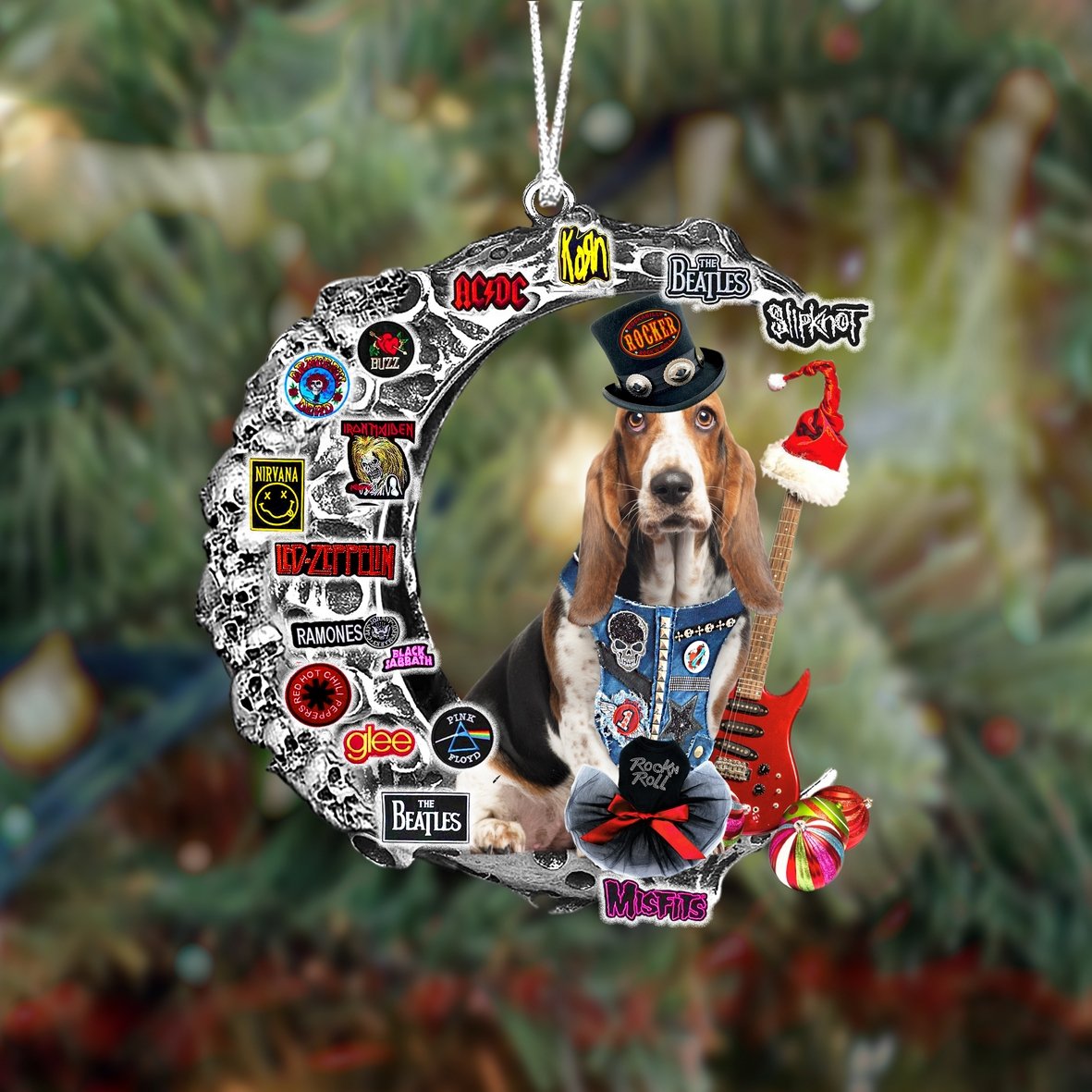 Basset Hound-Metal Rock in Christmas Two Sided Ornament