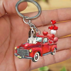 Basset Hound-Red Sports Car flat Acrylic Keychain