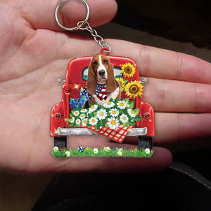 Basset Hound-Red Truck Flat Acrylic Keychain