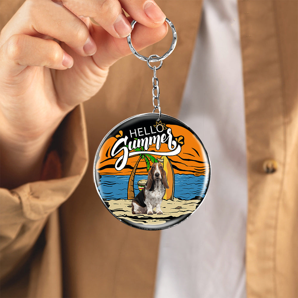 Basset Hound Hello Summer-Round Resin Epoxy Metal Keychain