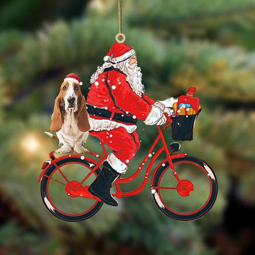 Santa Claus riding a bike with Basset Hound (1)-Two Sided Ornament