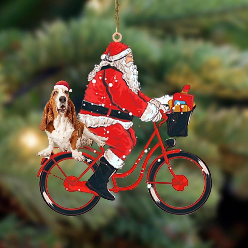 Santa Claus riding a bike with Basset Hound (2)-Two Sided Ornament