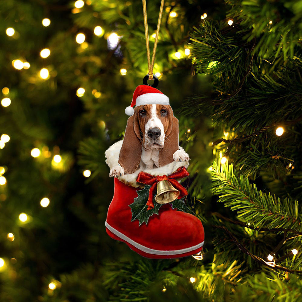 Basset Hound (3)-1-In Santa Boot Christmas-Two Sided Ornament
