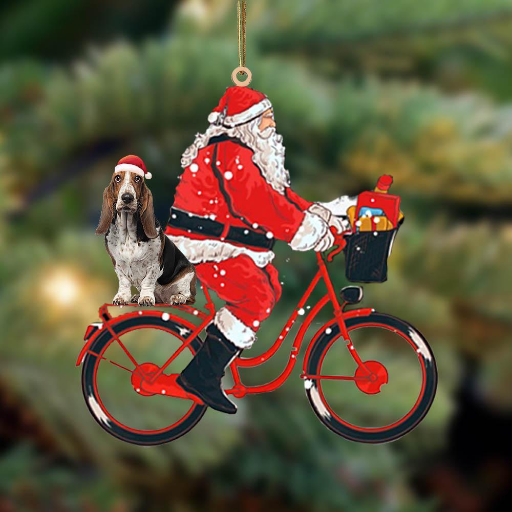 Santa Claus riding a bike with Basset Hound-Two Sided Ornament