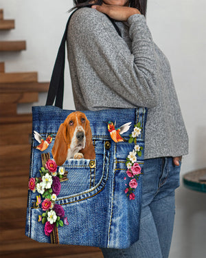 Basset Hound-Cardinal & Cross Flower Cloth Tote Bag