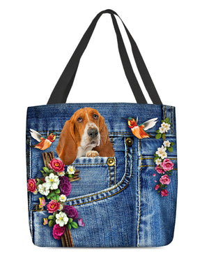 Basset Hound-Cardinal & Cross Flower Cloth Tote Bag