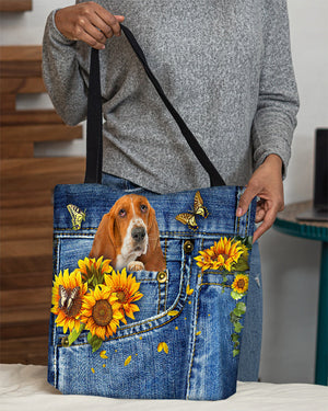 Basset hound-Sunflowers & Butterflies Cloth Tote Bag