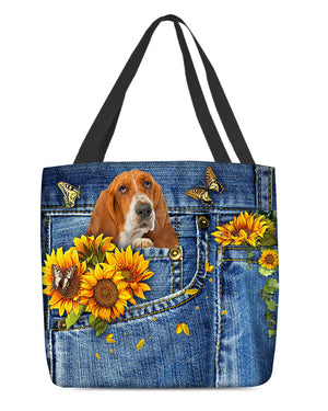 Basset hound-Sunflowers & Butterflies Cloth Tote Bag