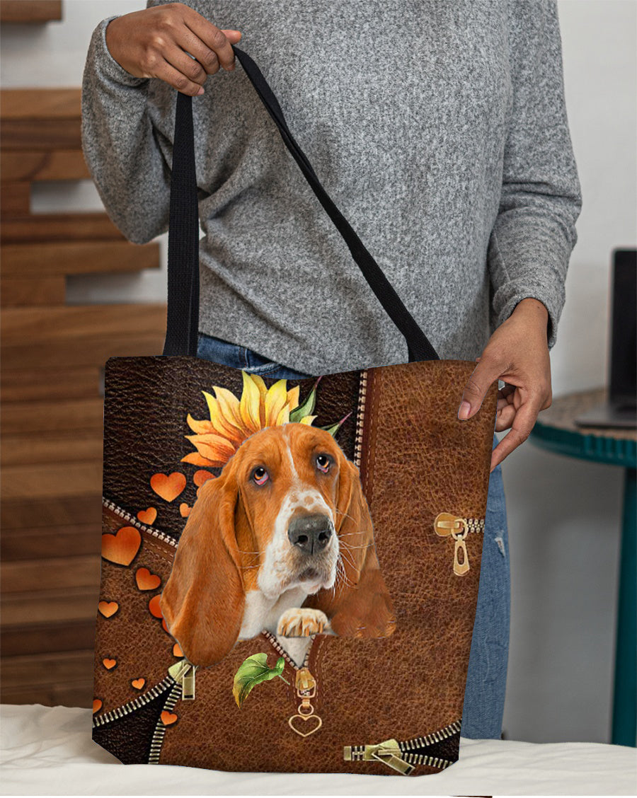 Basset hound-Sunflower&zipper Cloth Tote Bag