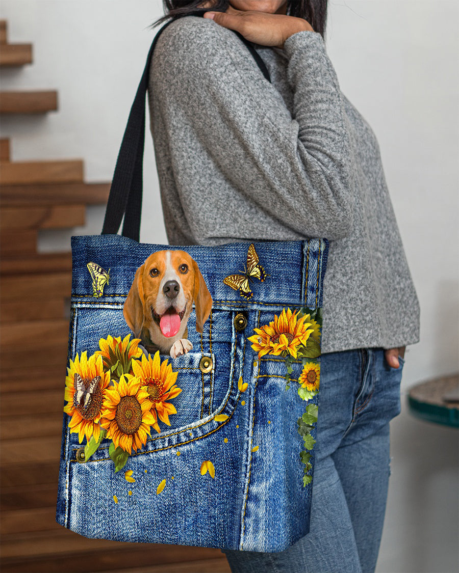 Beagle-Sunflowers & Butterflies Cloth Tote Bag