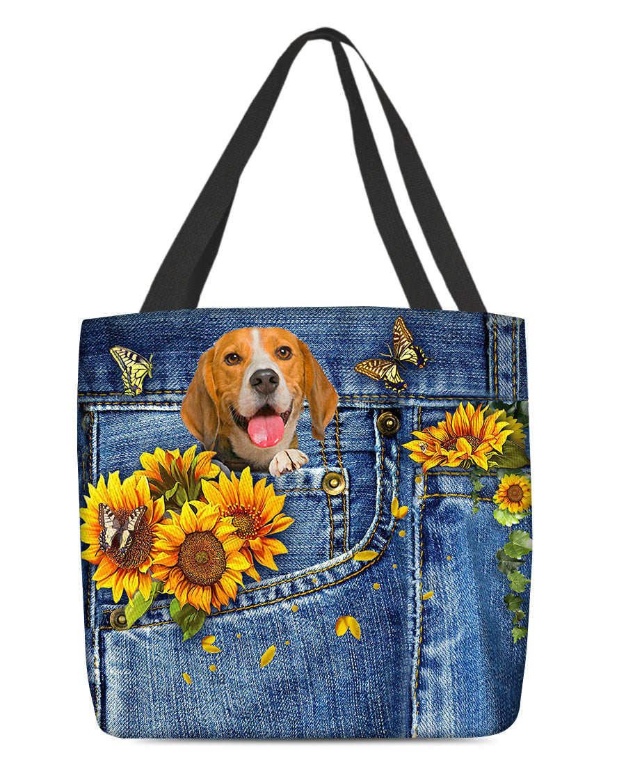 Beagle-Sunflowers & Butterflies Cloth Tote Bag