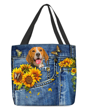 Beagle-Sunflowers & Butterflies Cloth Tote Bag