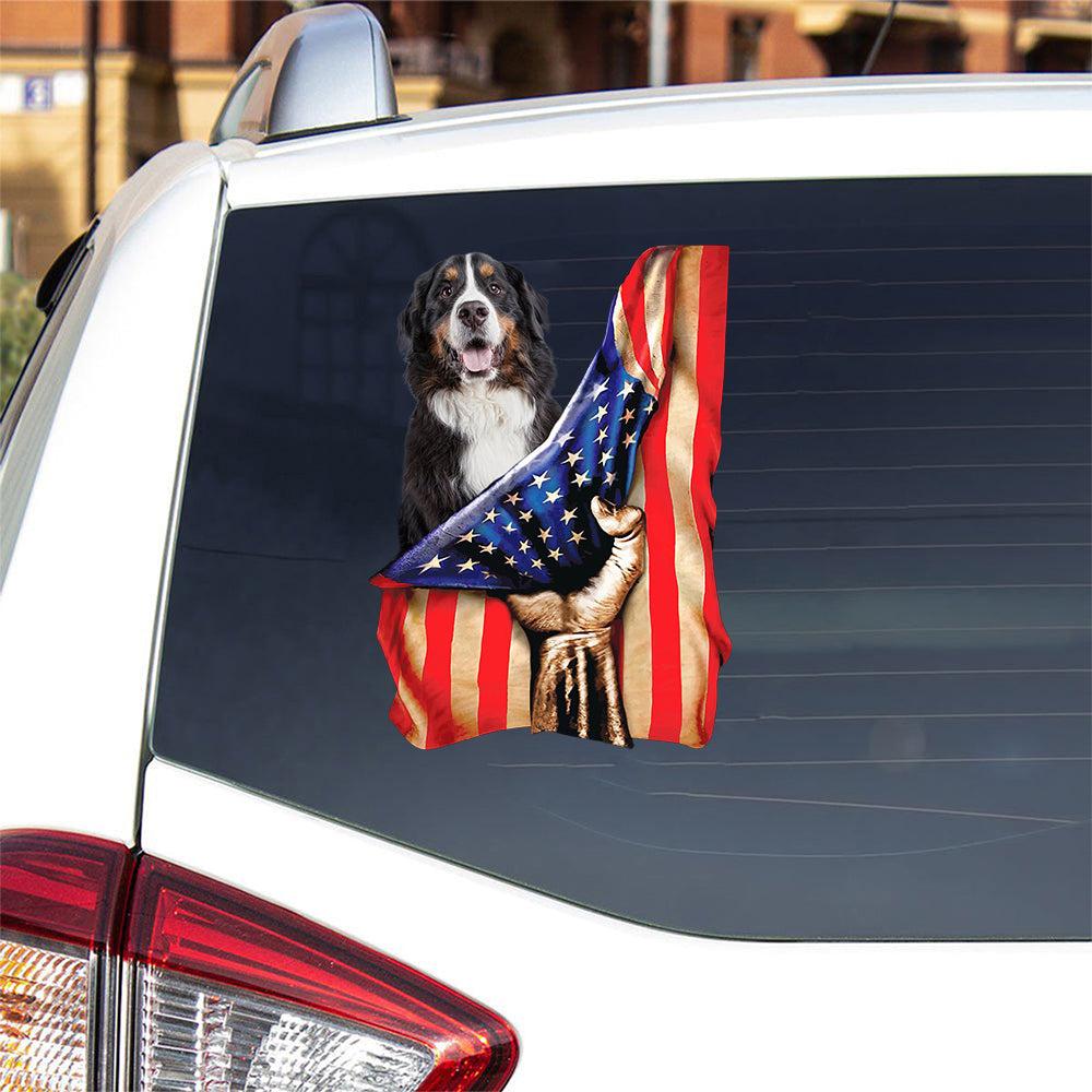 Bernese Mountain Dog-American Flag Front Car Sticker