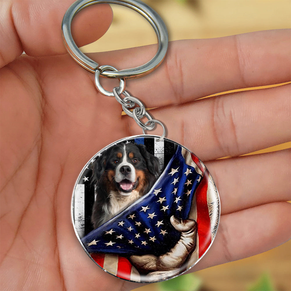 Bernese Mountain Dog-Inside American Flag Independence Day Round Resin Epoxy Metal Keychain