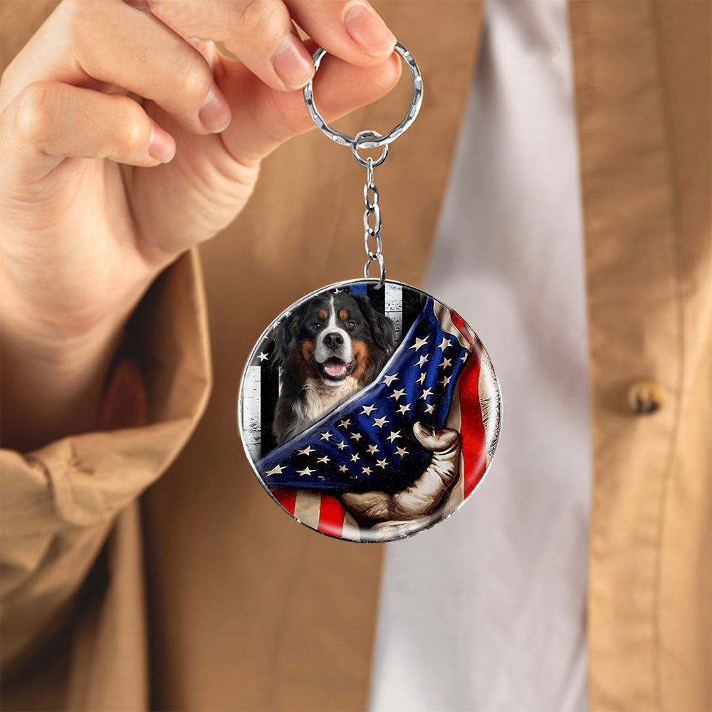 Bernese Mountain Dog-Inside American Flag Independence Day Round Resin Epoxy Metal Keychain