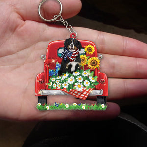 Bernese Mountain Dog 1-Red Truck Flat Acrylic Keychain