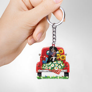 Bernese Mountain Dog 1-Red Truck Flat Acrylic Keychain