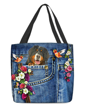 Bernese Mountain-Cardinal & Cross Flower Cloth Tote Bag